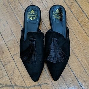 Tassled slip on mules, black, size ~8